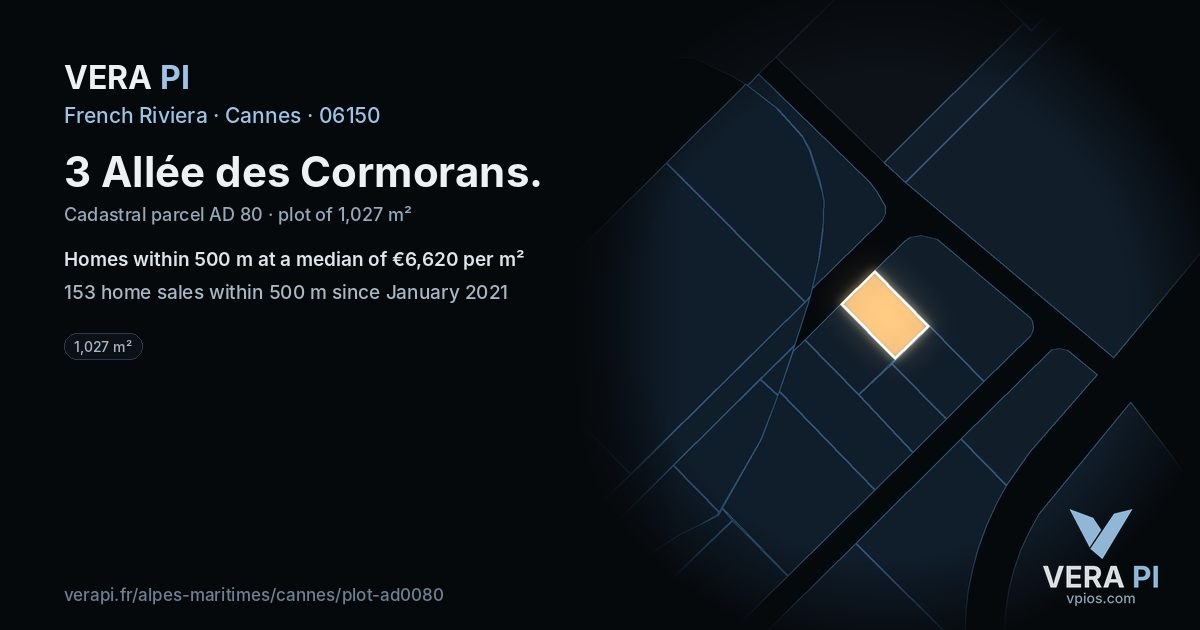 3 Allée des Cormorans, Cannes at night – the plot lit, the parcels around coloured by the prices near them
