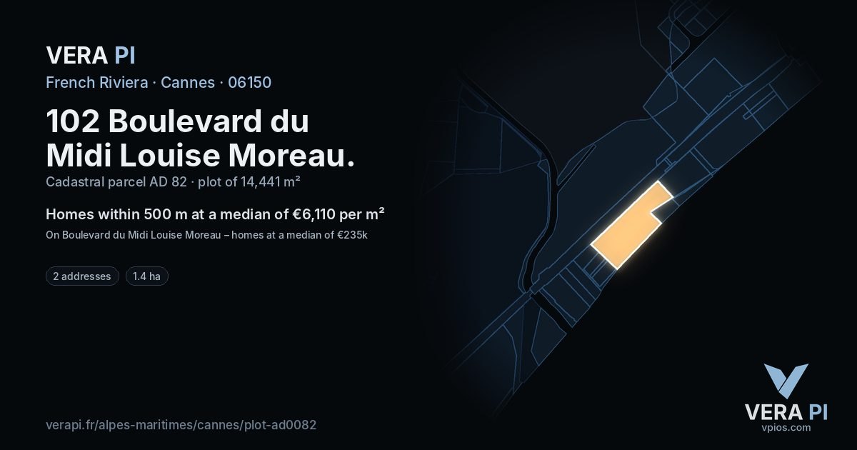 102 Boulevard du Midi Louise Moreau, Cannes at night – the plot lit, the parcels around coloured by the prices near them
