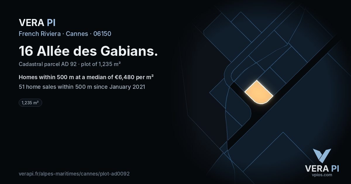 16 Allée des Gabians, Cannes at night – the plot lit, the parcels around coloured by the prices near them