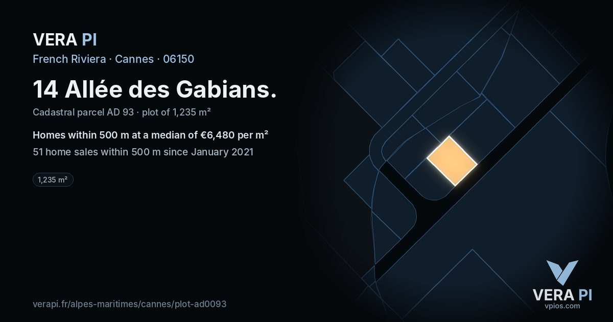 14 Allée des Gabians, Cannes at night – the plot lit, the parcels around coloured by the prices near them