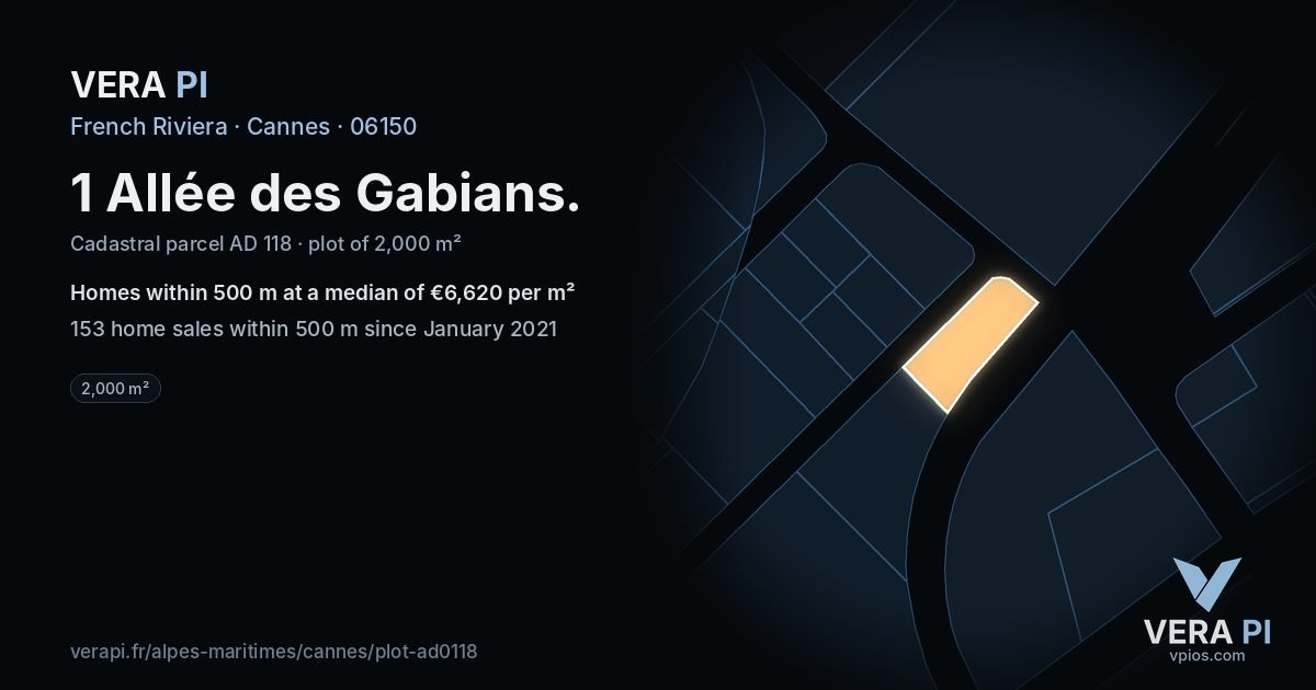 1 Allée des Gabians, Cannes at night – the plot lit, the parcels around coloured by the prices near them