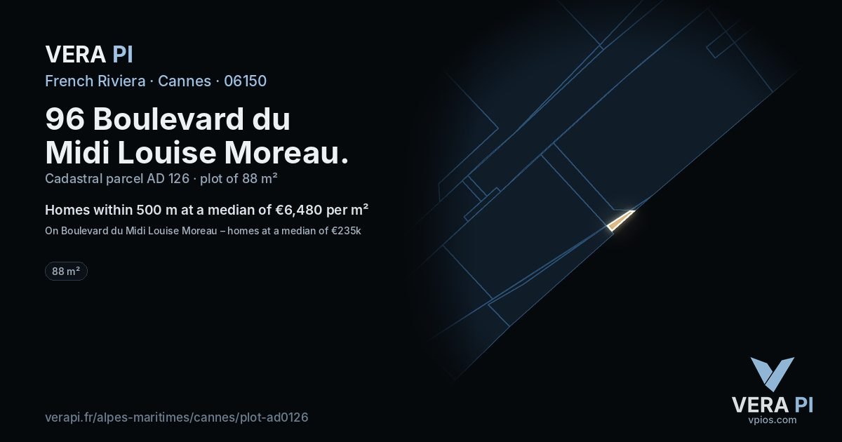 96 Boulevard du Midi Louise Moreau, Cannes at night – the plot lit, the parcels around coloured by the prices near them