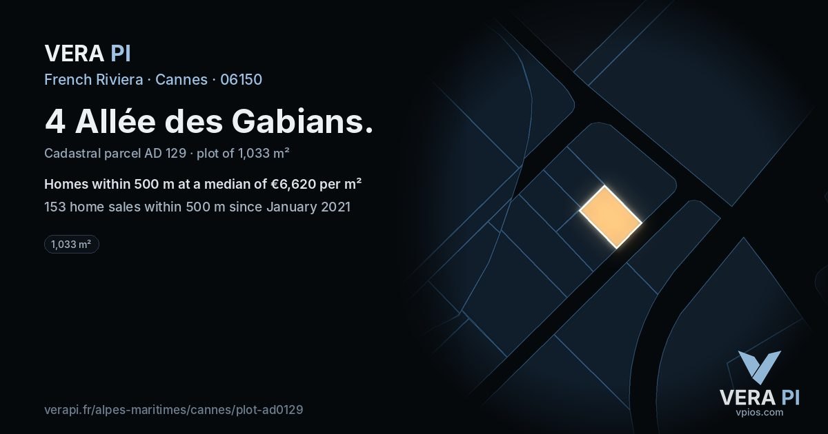 4 Allée des Gabians, Cannes at night – the plot lit, the parcels around coloured by the prices near them