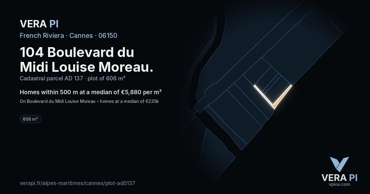 104 Boulevard du Midi Louise Moreau, Cannes at night – the plot lit, the parcels around coloured by the prices near them