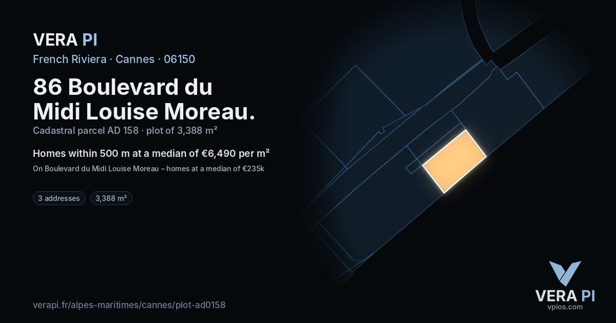 86 Boulevard du Midi Louise Moreau, Cannes at night – the plot lit, the parcels around coloured by the prices near them