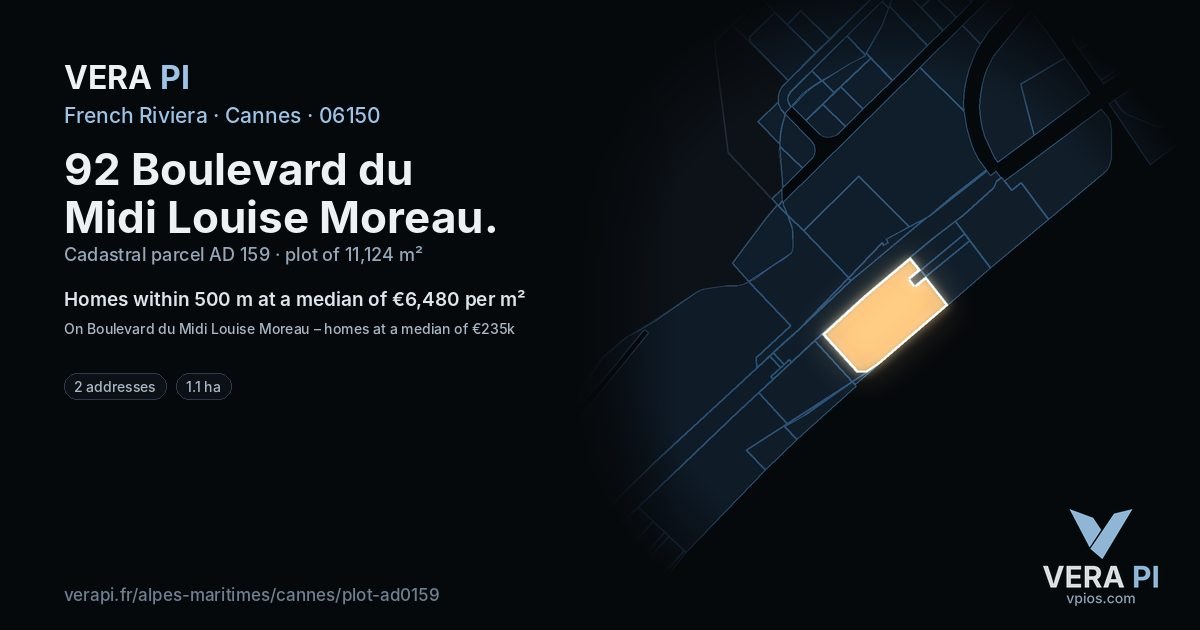 92 Boulevard du Midi Louise Moreau, Cannes at night – the plot lit, the parcels around coloured by the prices near them