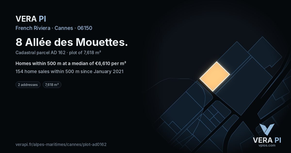 8 Allée des Mouettes, Cannes at night – the plot lit, the parcels around coloured by the prices near them