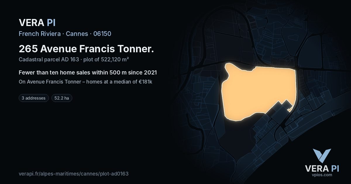 265 Avenue Francis Tonner, Cannes at night – the plot lit, the parcels around coloured by the prices near them