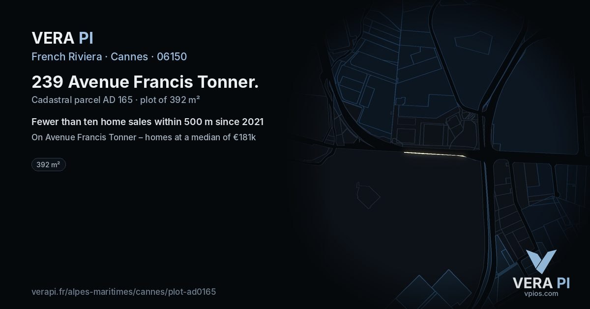 239 Avenue Francis Tonner, Cannes at night – the plot lit, the parcels around coloured by the prices near them