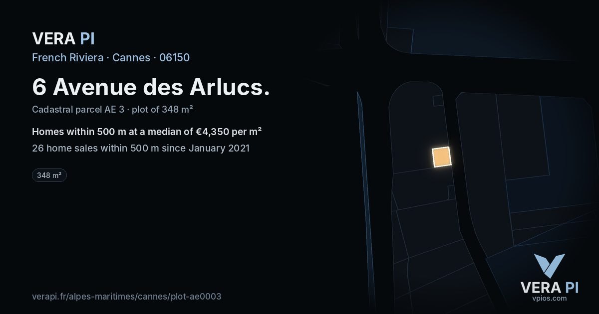 6 Avenue des Arlucs, Cannes at night – the plot lit, the parcels around coloured by the prices near them