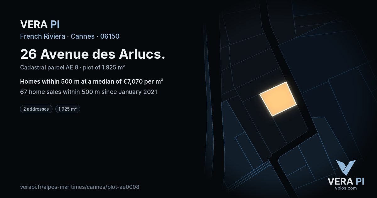 26 Avenue des Arlucs, Cannes at night – the plot lit, the parcels around coloured by the prices near them