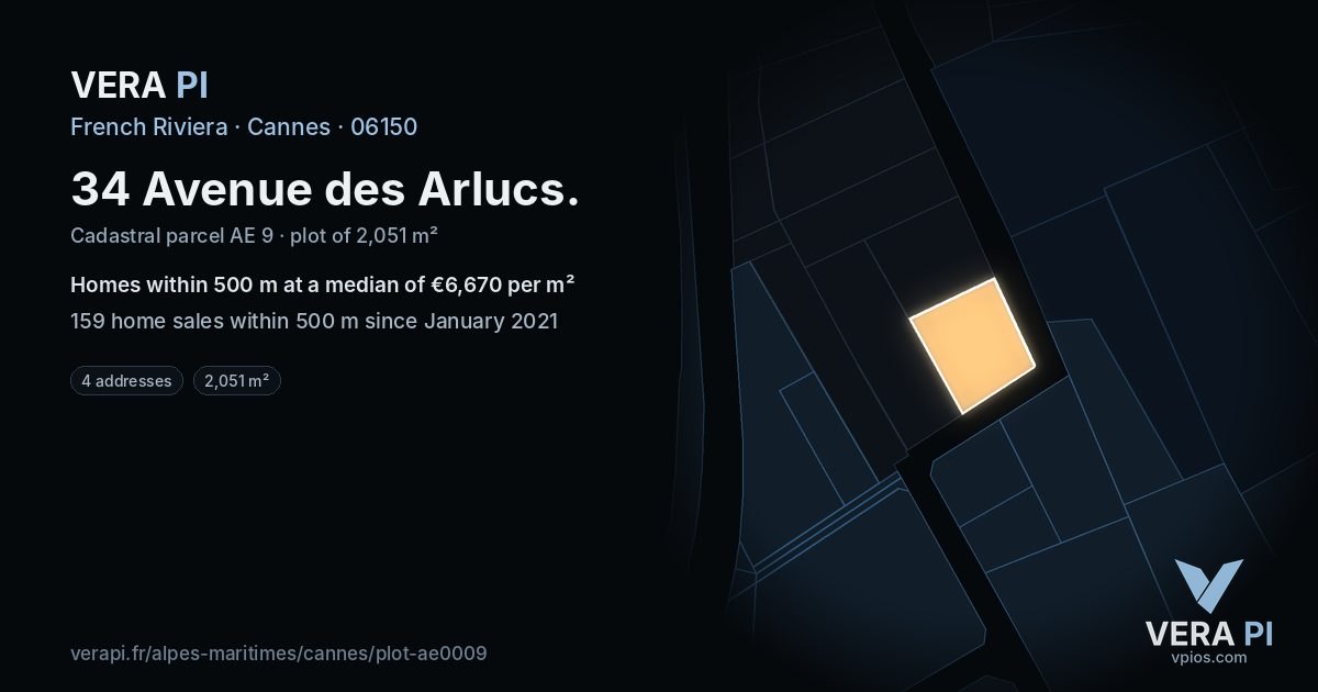 34 Avenue des Arlucs, Cannes at night – the plot lit, the parcels around coloured by the prices near them