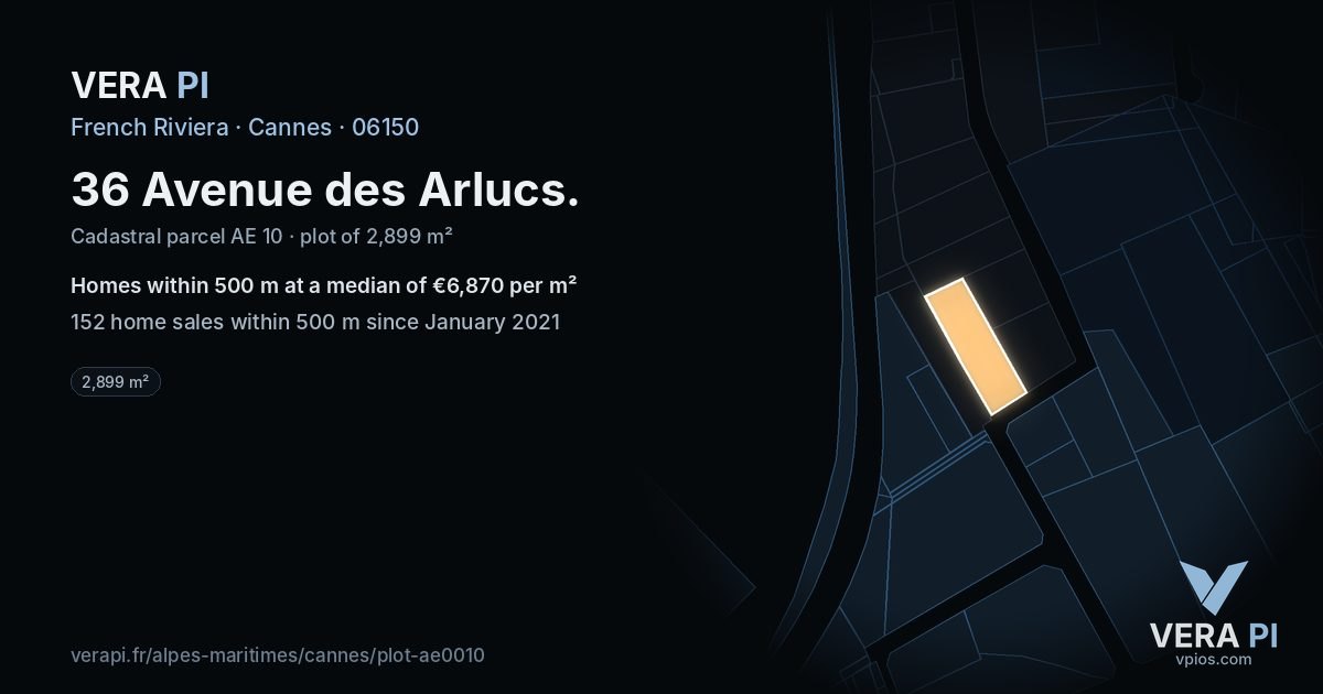 36 Avenue des Arlucs, Cannes at night – the plot lit, the parcels around coloured by the prices near them