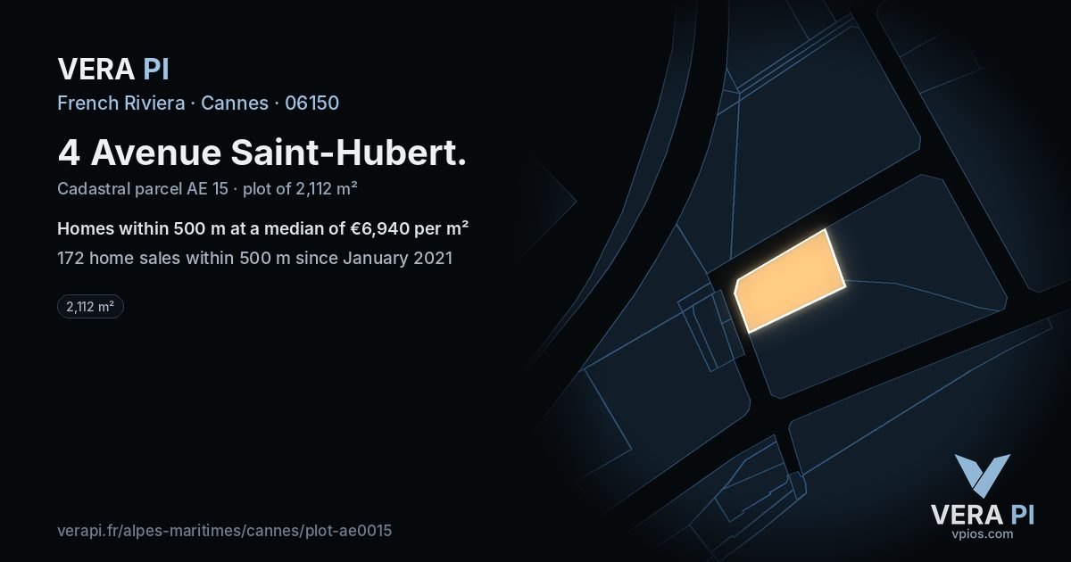 4 Avenue Saint-Hubert, Cannes at night – the plot lit, the parcels around coloured by the prices near them