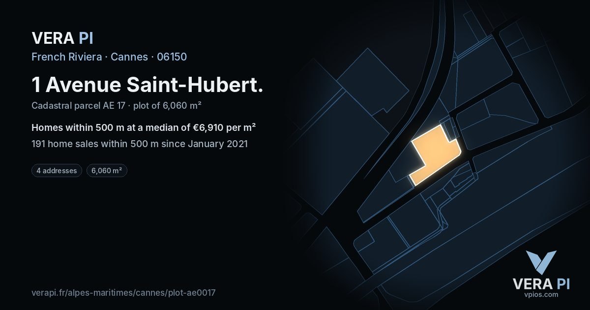 1 Avenue Saint-Hubert, Cannes at night – the plot lit, the parcels around coloured by the prices near them