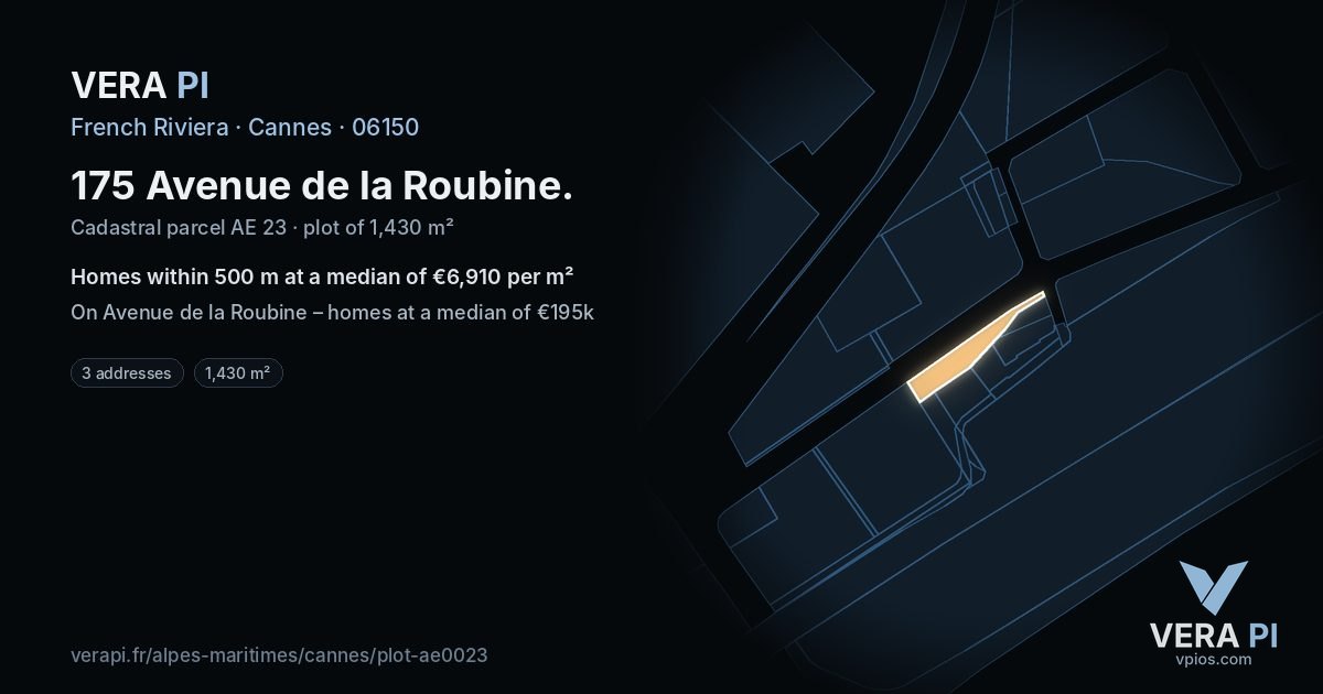 175 Avenue de la Roubine, Cannes at night – the plot lit, the parcels around coloured by the prices near them
