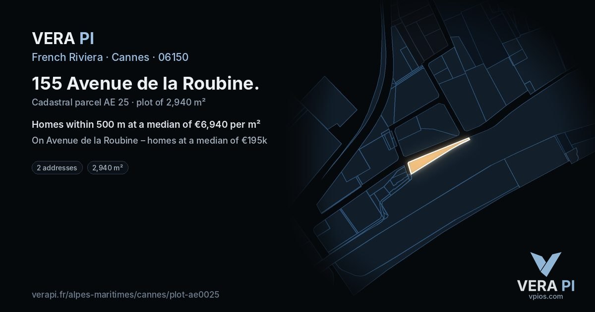 155 Avenue de la Roubine, Cannes at night – the plot lit, the parcels around coloured by the prices near them