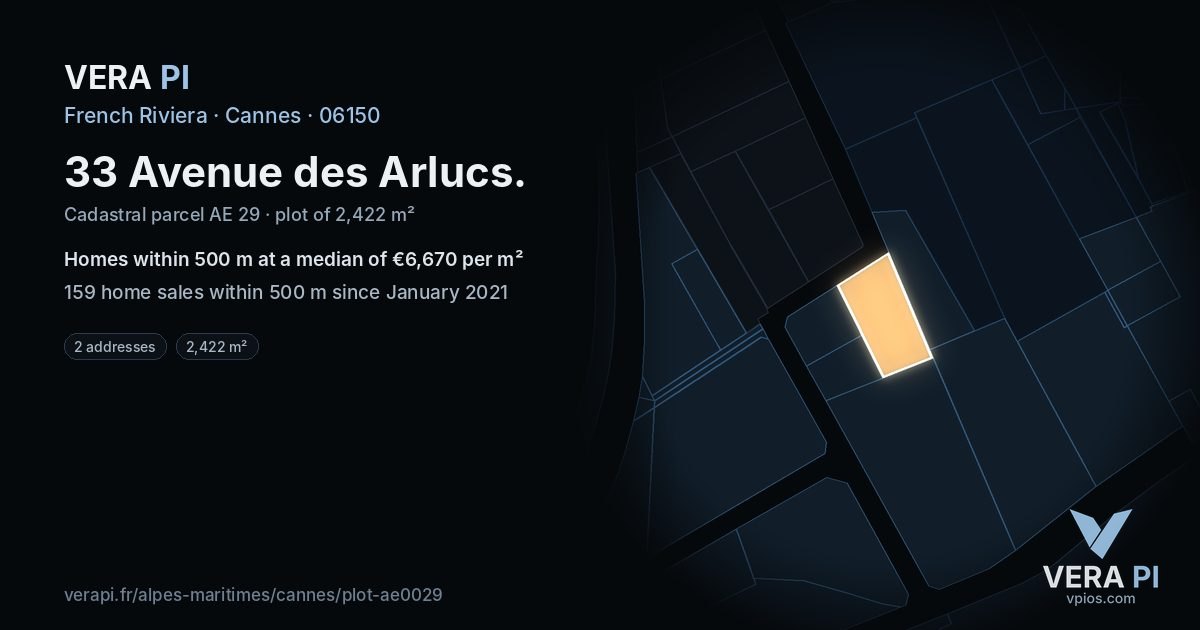 33 Avenue des Arlucs, Cannes at night – the plot lit, the parcels around coloured by the prices near them