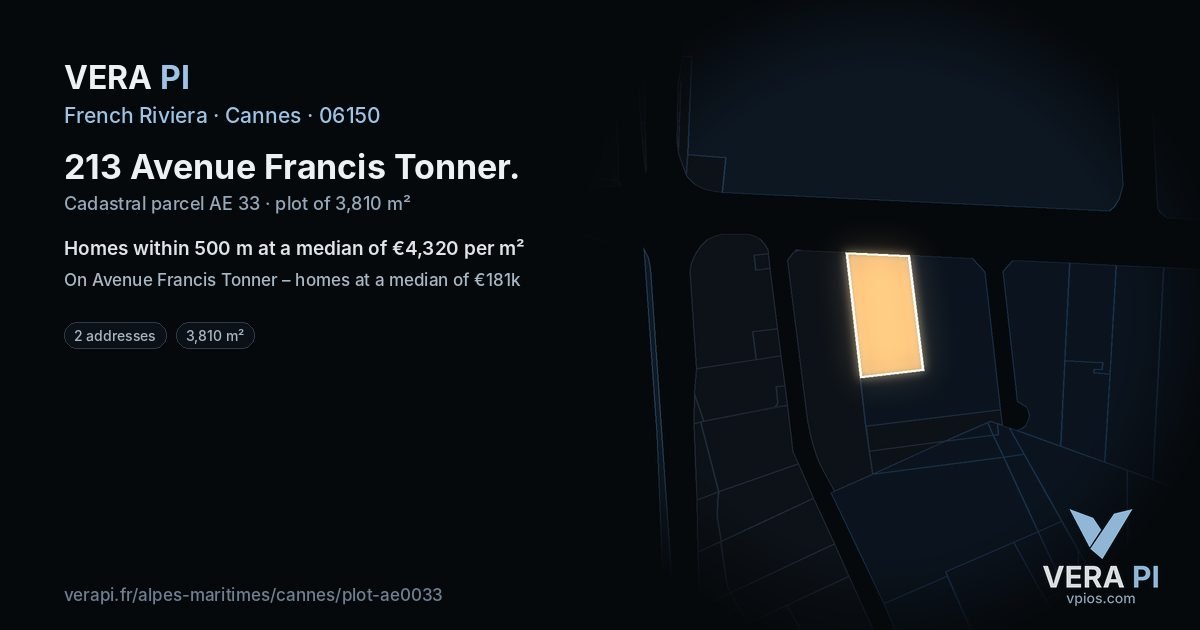213 Avenue Francis Tonner, Cannes at night – the plot lit, the parcels around coloured by the prices near them