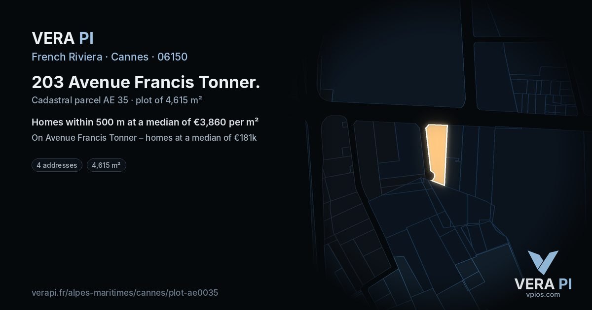 203 Avenue Francis Tonner, Cannes at night – the plot lit, the parcels around coloured by the prices near them