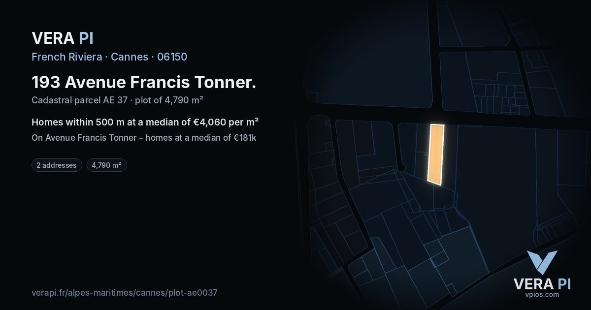 193 Avenue Francis Tonner, Cannes at night – the plot lit, the parcels around coloured by the prices near them