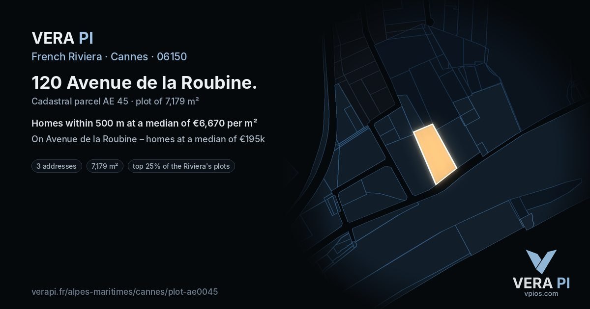 120 Avenue de la Roubine, Cannes at night – the plot lit, the parcels around coloured by the prices near them