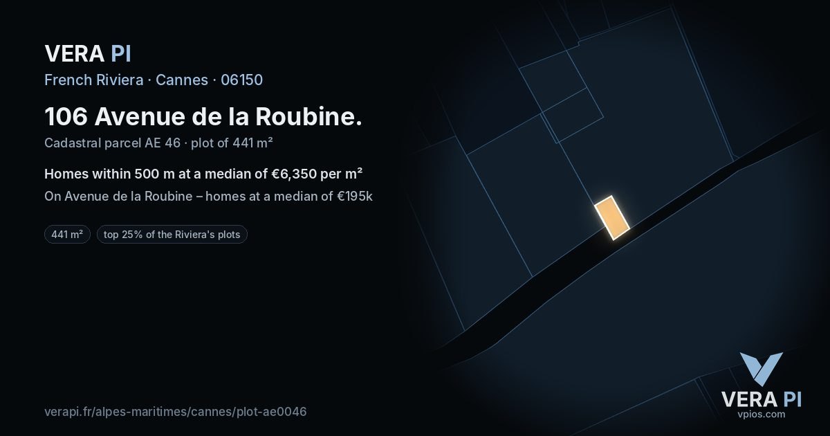 106 Avenue de la Roubine, Cannes at night – the plot lit, the parcels around coloured by the prices near them
