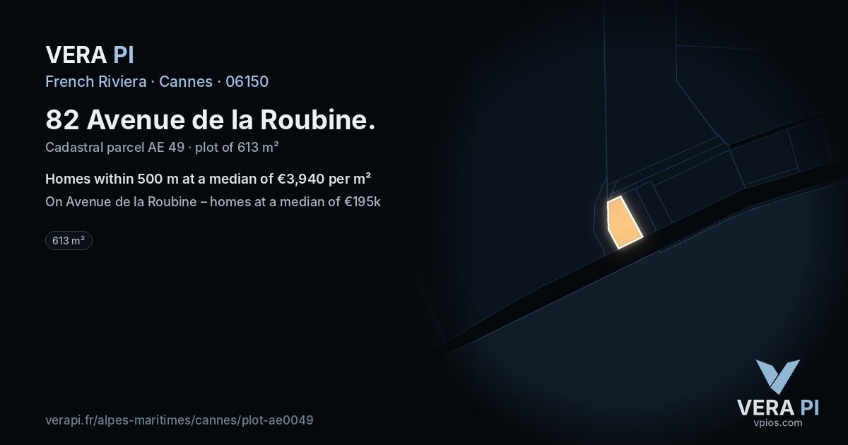 82 Avenue de la Roubine, Cannes at night – the plot lit, the parcels around coloured by the prices near them