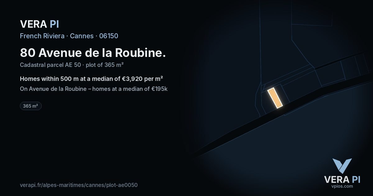 80 Avenue de la Roubine, Cannes at night – the plot lit, the parcels around coloured by the prices near them