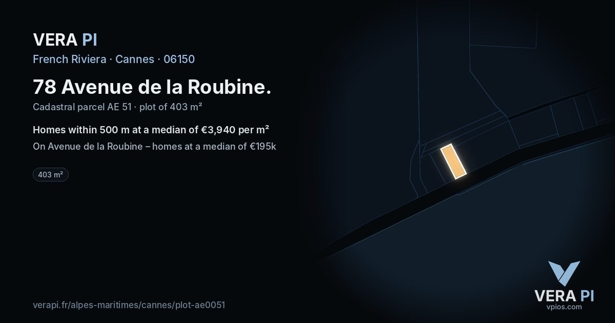 78 Avenue de la Roubine, Cannes at night – the plot lit, the parcels around coloured by the prices near them
