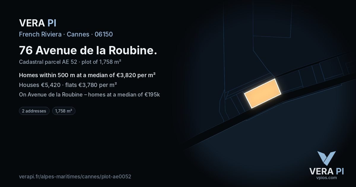 76 Avenue de la Roubine, Cannes at night – the plot lit, the parcels around coloured by the prices near them