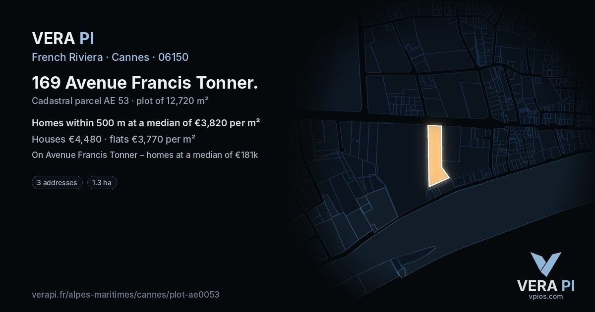 169 Avenue Francis Tonner, Cannes at night – the plot lit, the parcels around coloured by the prices near them