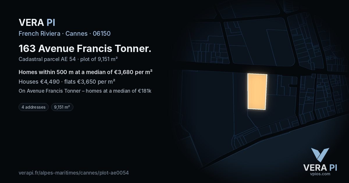 163 Avenue Francis Tonner, Cannes at night – the plot lit, the parcels around coloured by the prices near them