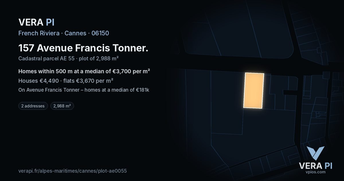 157 Avenue Francis Tonner, Cannes at night – the plot lit, the parcels around coloured by the prices near them