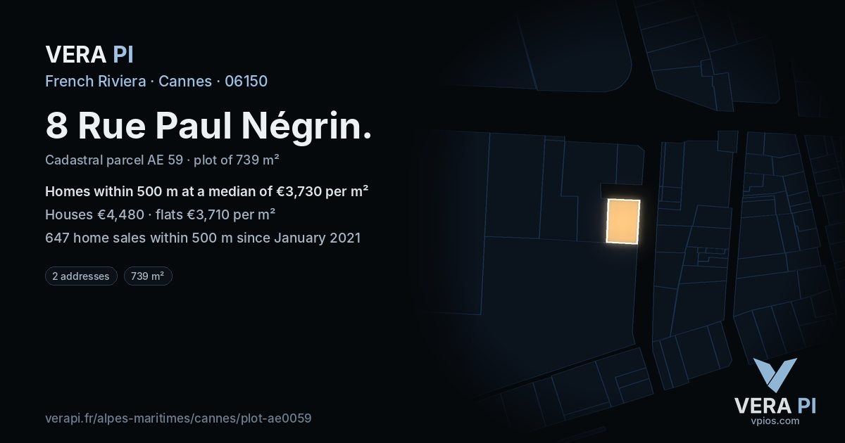 8 Rue Paul Négrin, Cannes at night – the plot lit, the parcels around coloured by the prices near them