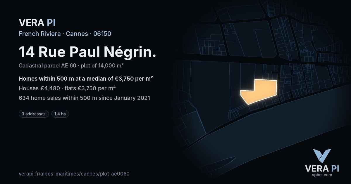 14 Rue Paul Négrin, Cannes at night – the plot lit, the parcels around coloured by the prices near them
