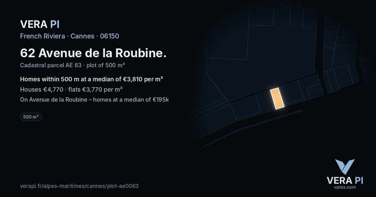 62 Avenue de la Roubine, Cannes at night – the plot lit, the parcels around coloured by the prices near them