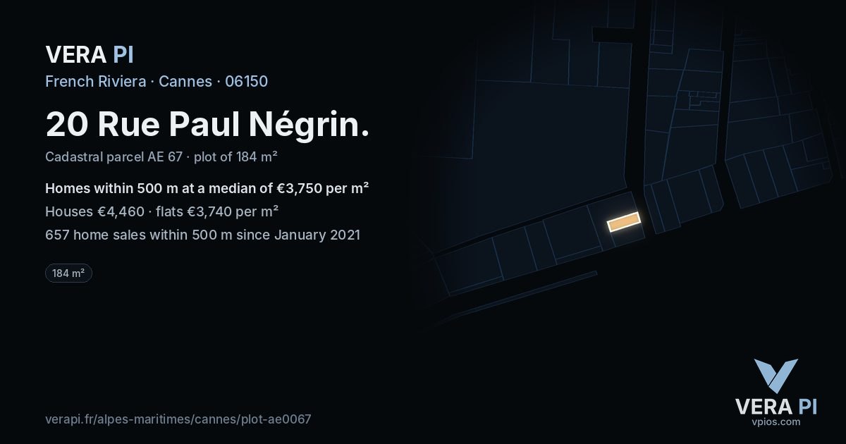 20 Rue Paul Négrin, Cannes at night – the plot lit, the parcels around coloured by the prices near them