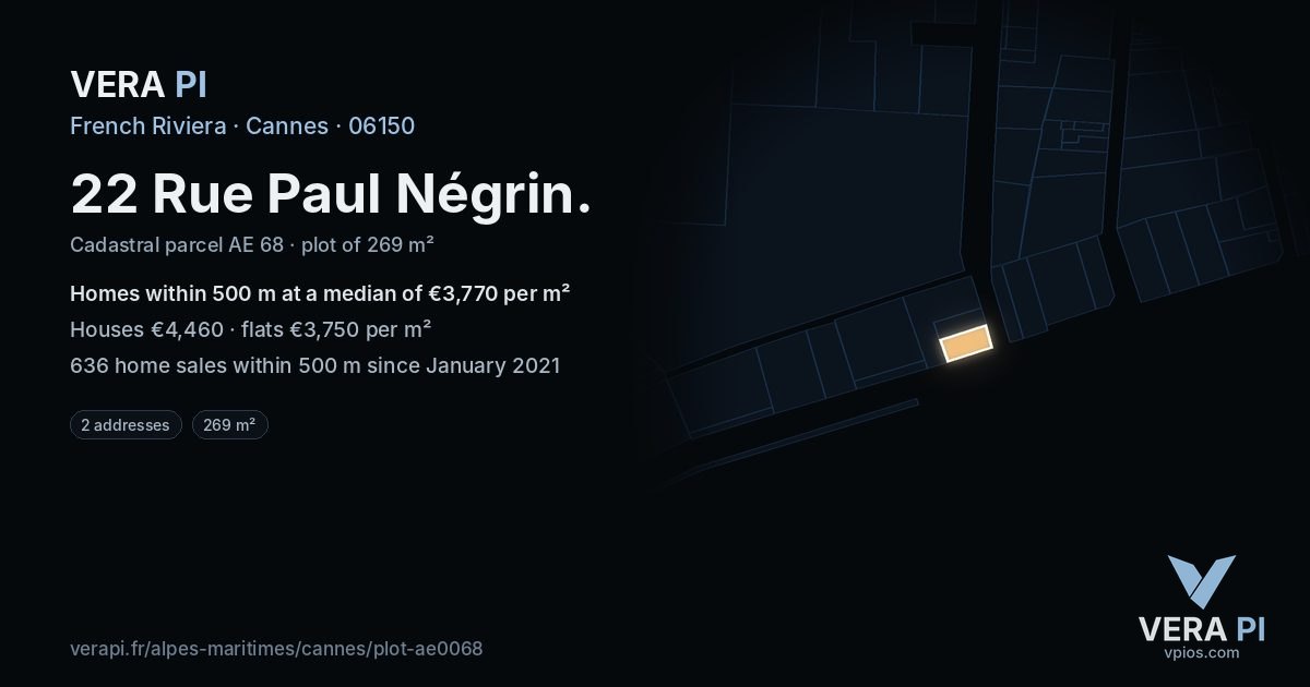 22 Rue Paul Négrin, Cannes at night – the plot lit, the parcels around coloured by the prices near them