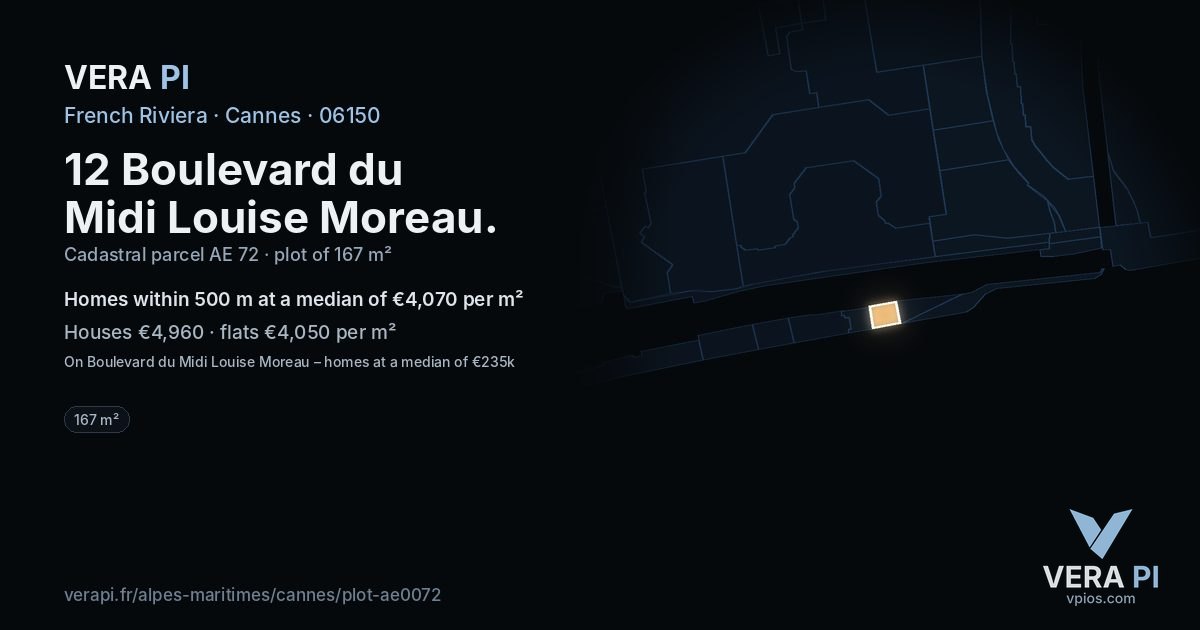 12 Boulevard du Midi Louise Moreau, Cannes at night – the plot lit, the parcels around coloured by the prices near them