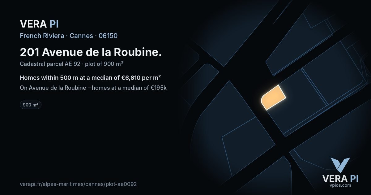 201 Avenue de la Roubine, Cannes at night – the plot lit, the parcels around coloured by the prices near them