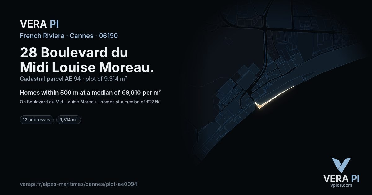 28 Boulevard du Midi Louise Moreau, Cannes at night – the plot lit, the parcels around coloured by the prices near them