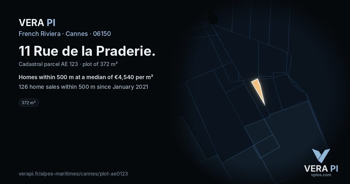 11 Rue de la Praderie, Cannes at night – the plot lit, the parcels around coloured by the prices near them