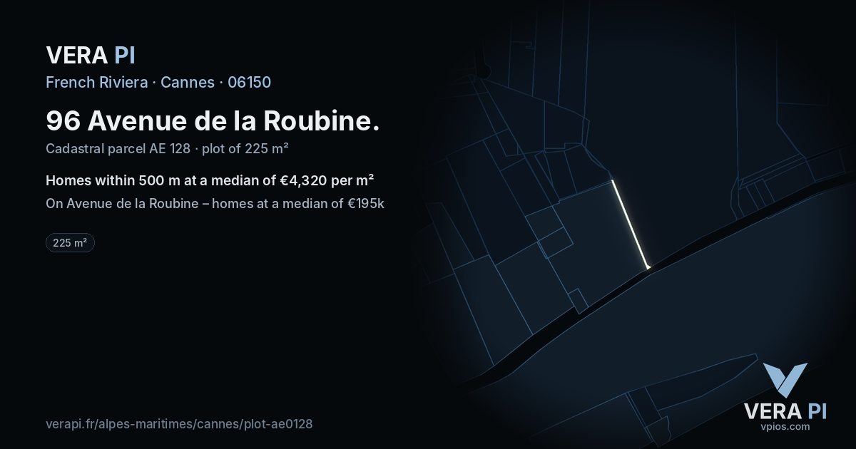 96 Avenue de la Roubine, Cannes at night – the plot lit, the parcels around coloured by the prices near them