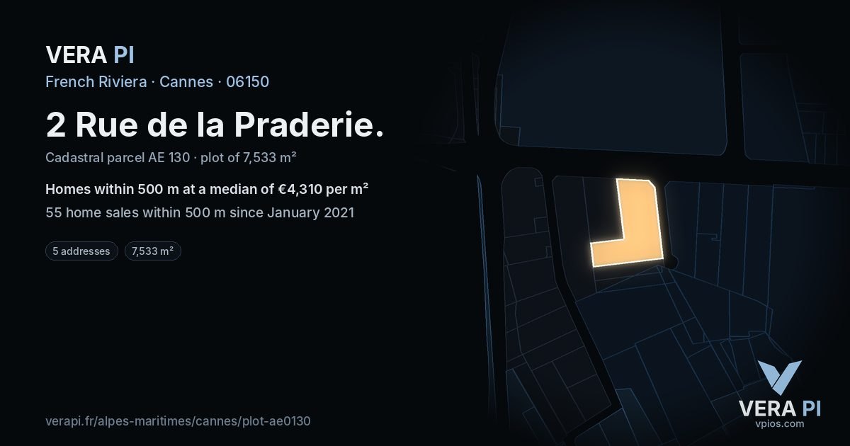 2 Rue de la Praderie, Cannes at night – the plot lit, the parcels around coloured by the prices near them