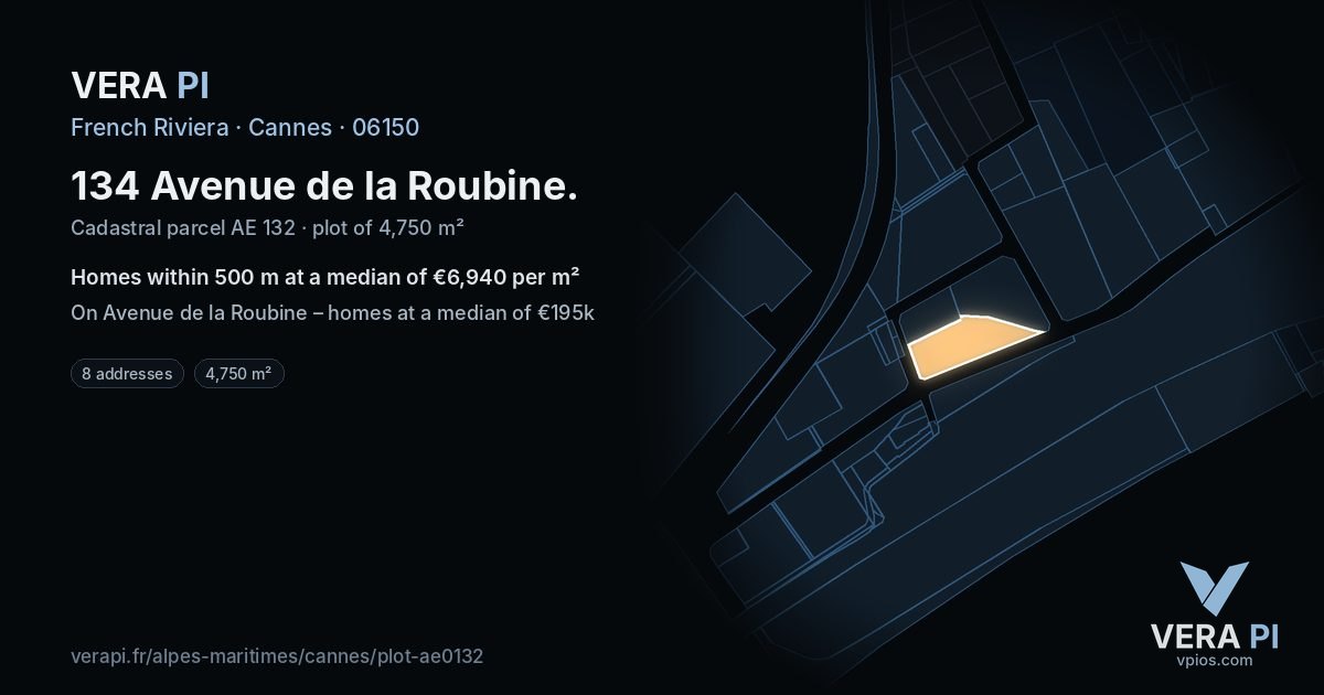 134 Avenue de la Roubine, Cannes at night – the plot lit, the parcels around coloured by the prices near them