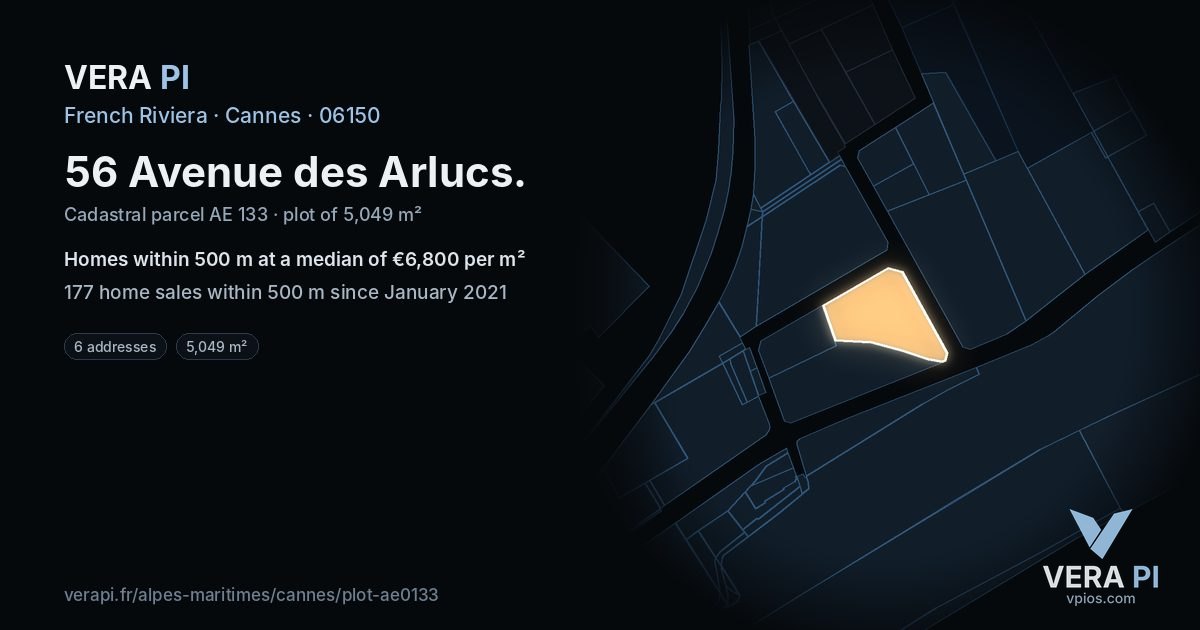 56 Avenue des Arlucs, Cannes at night – the plot lit, the parcels around coloured by the prices near them
