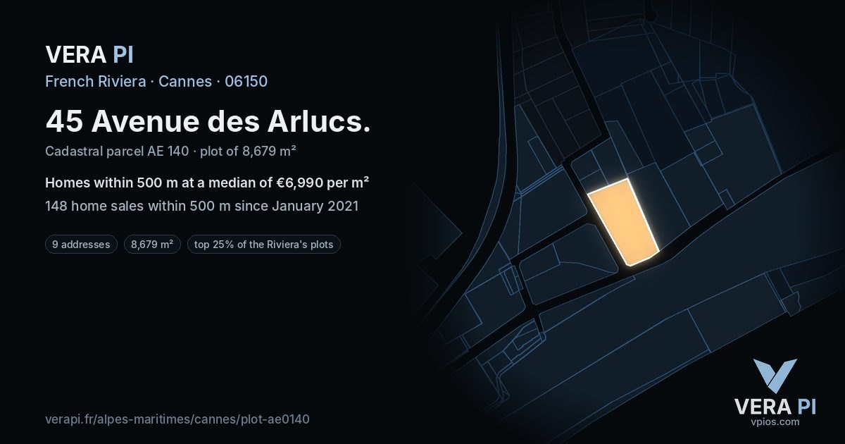 45 Avenue des Arlucs, Cannes at night – the plot lit, the parcels around coloured by the prices near them