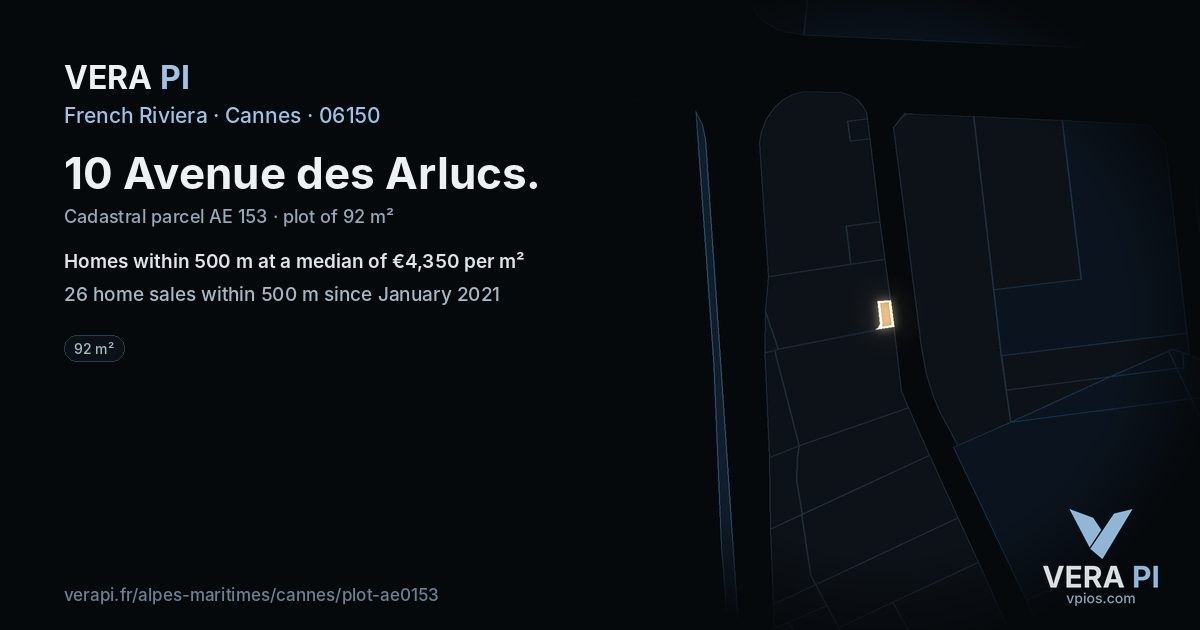 10 Avenue des Arlucs, Cannes at night – the plot lit, the parcels around coloured by the prices near them