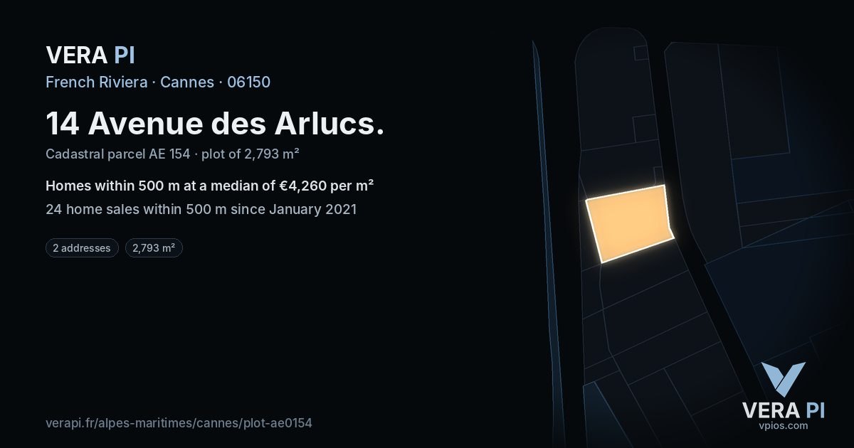 14 Avenue des Arlucs, Cannes at night – the plot lit, the parcels around coloured by the prices near them